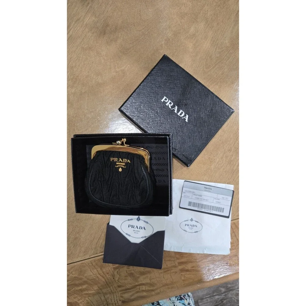 Prada Vintage Black Gaufre Nylon Kiss-Lock Coin Pouch Full Set - Box &...